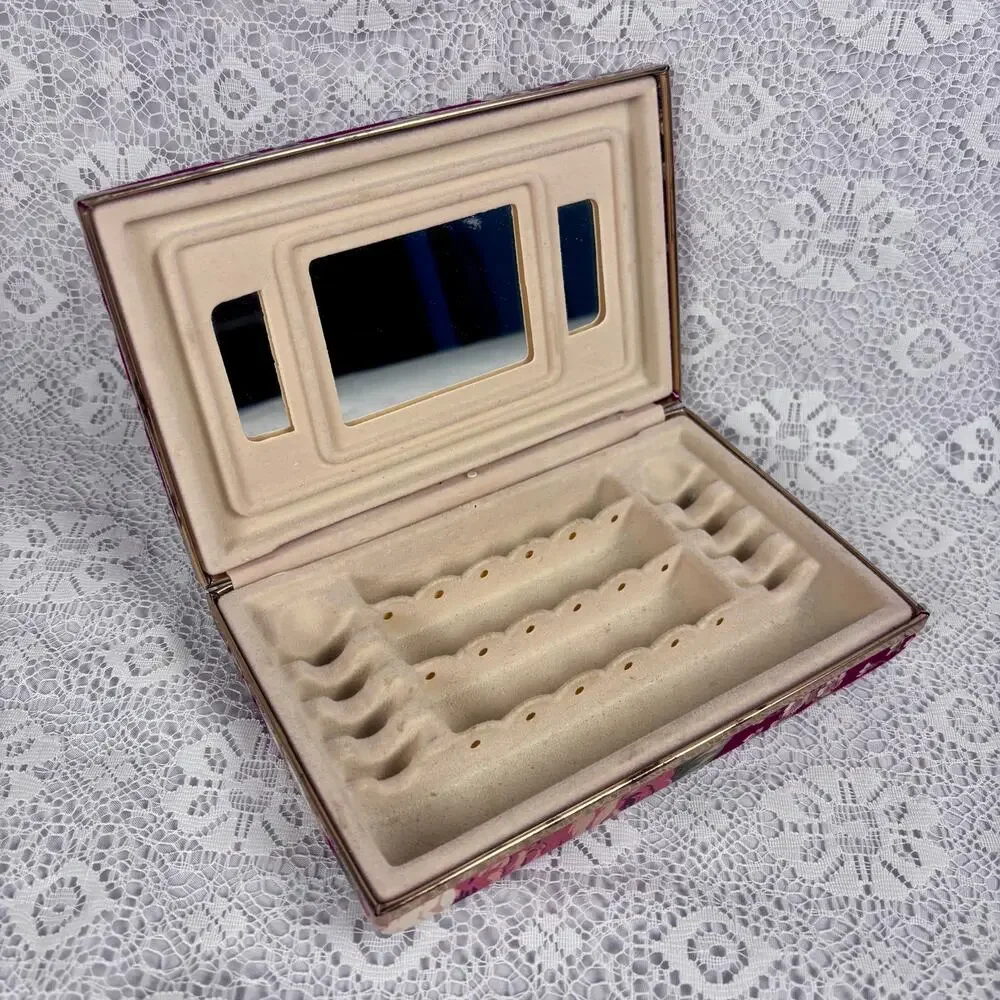 Vintage Floral Fabric Covered Jewelry Box Organizer with Mirror & Ring Holder